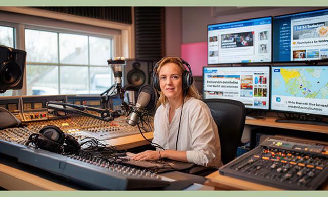 Radiostudio in Oosterwolde met presentator achter de microfoon, omringd door mengpanelen en lokale nieuwsmonitoren